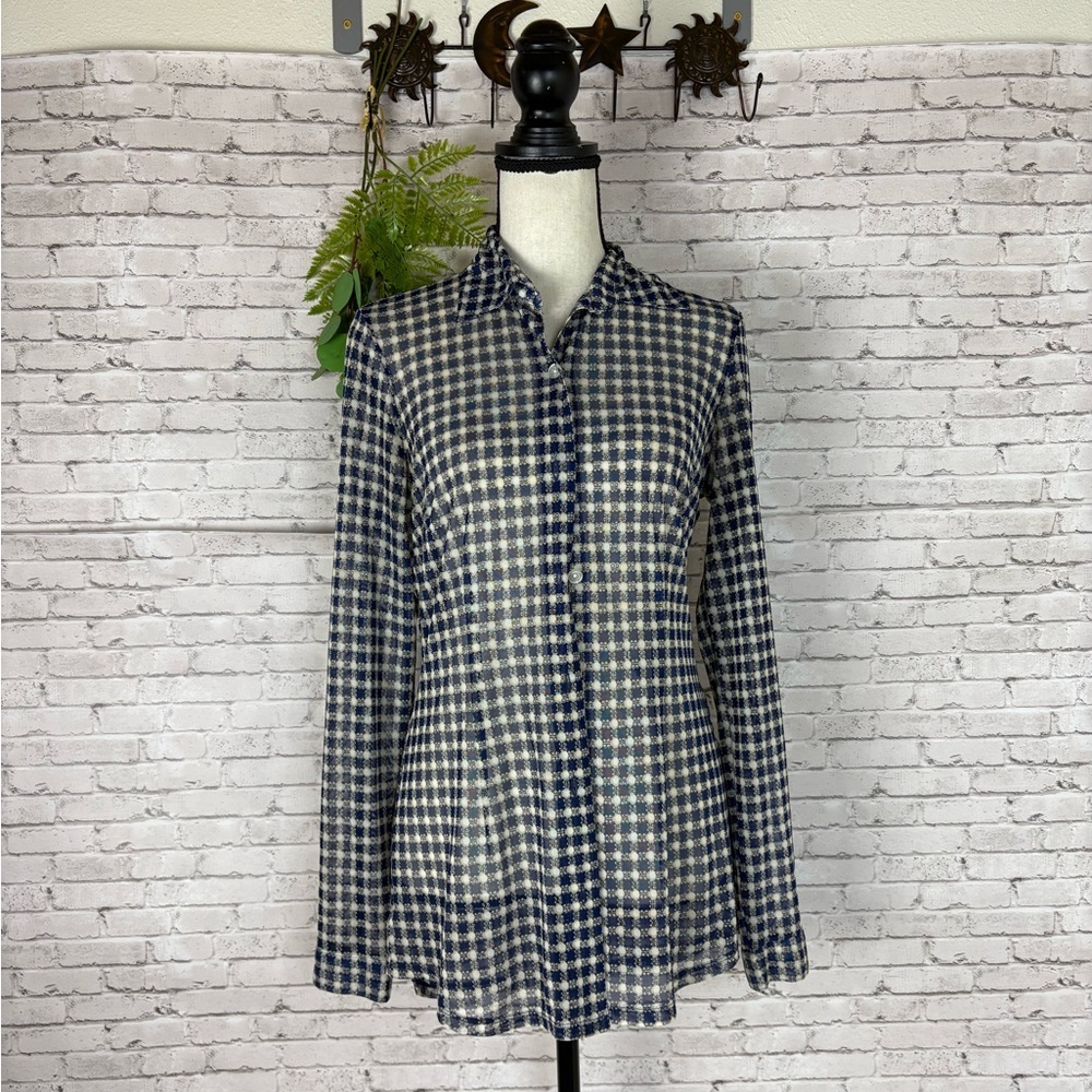 Cabi Sheer Blue Geometric Button Down Shirt Style 736